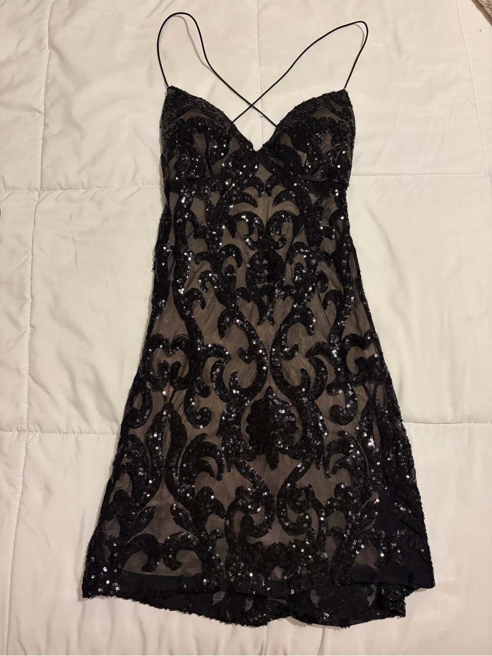 B. Smart Black Sequin Lace Mini Slip Dress